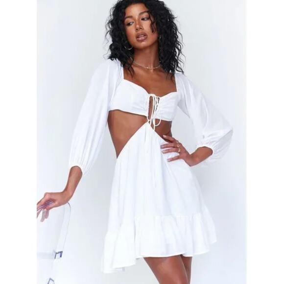 PRINCESS POLLY | Natasha White Ruffle Hem Balloon Sleeve Open Back Dress  Size 4 - Picture 1 of 7